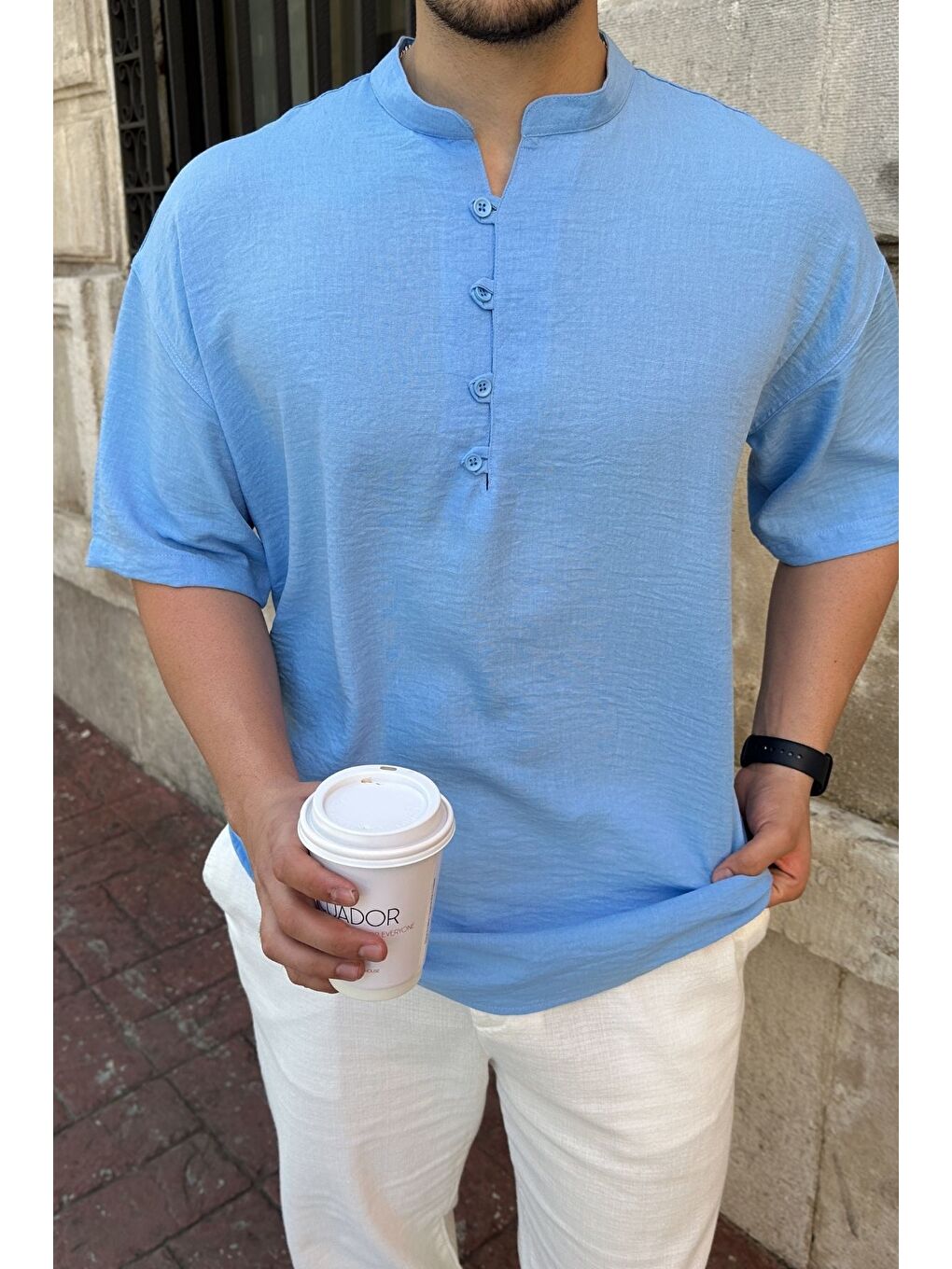 Mavi Soro Erkek Oversize Keten Görünümlü Kısa Kol Hakim Yaka Yarım Pat Gömlek-4