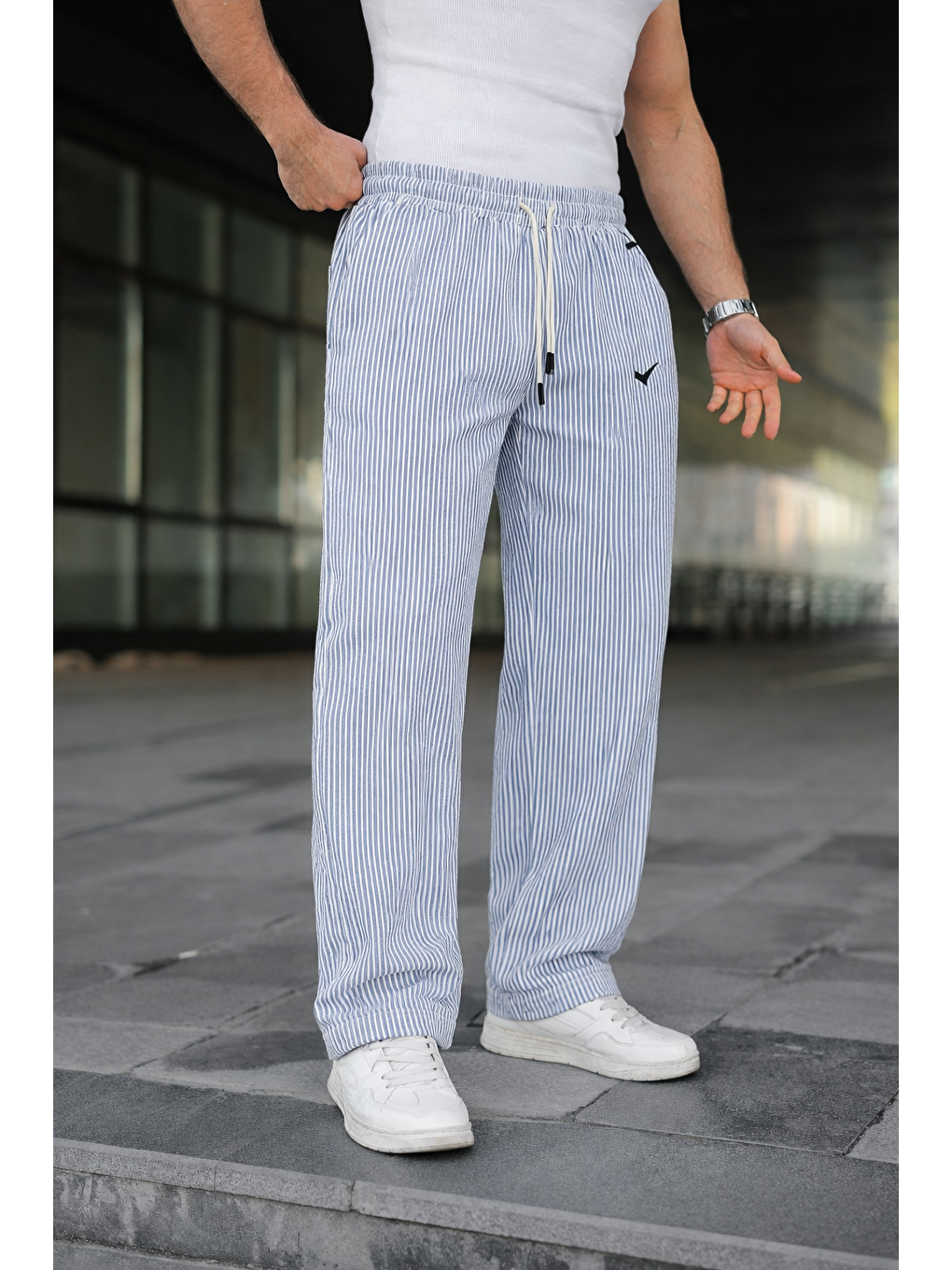 Erkek Trend Lastikli Çizgili Bol Mavi Eşofman Altı-1
