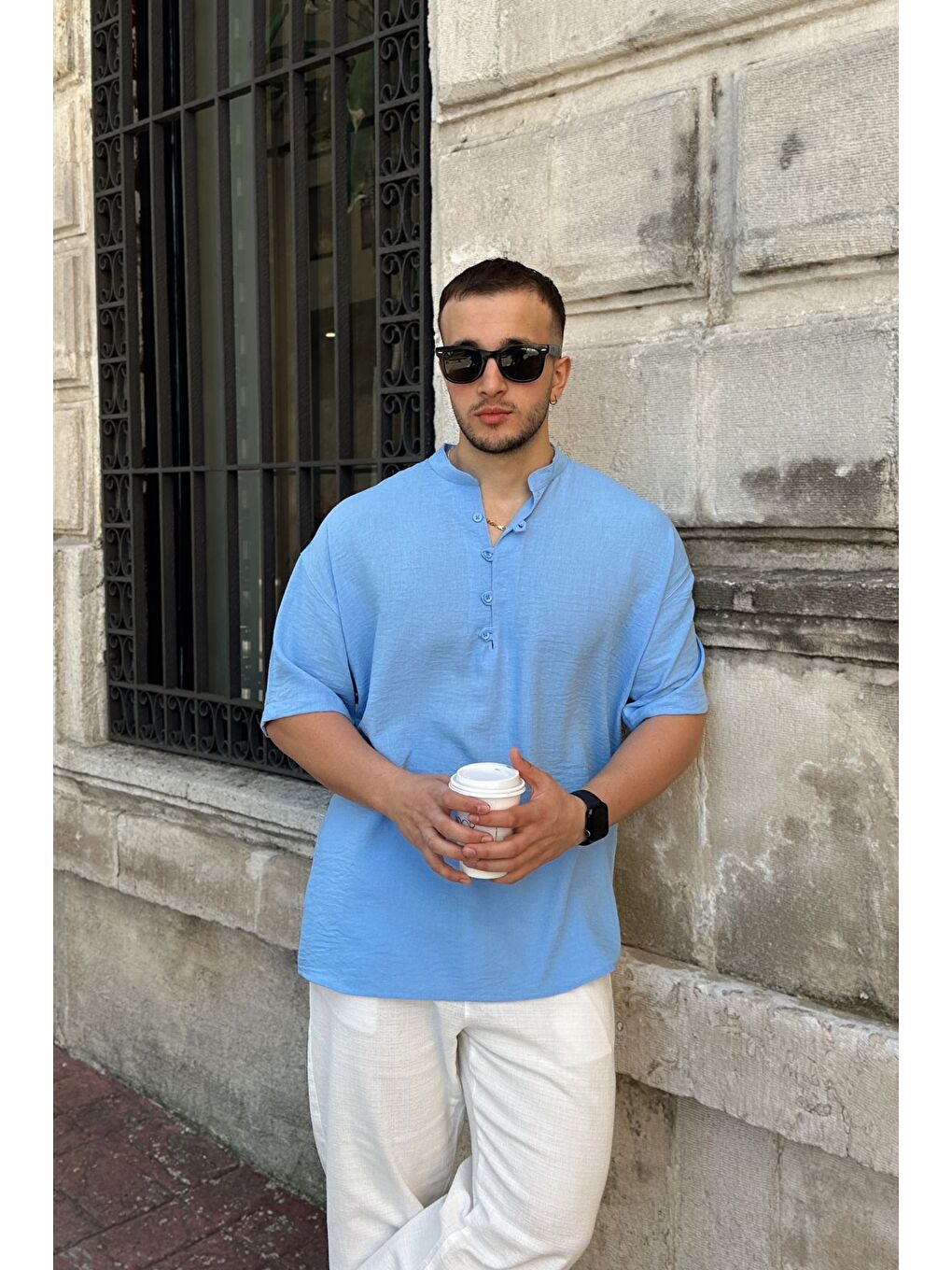 Mavi Soro Erkek Oversize Keten Görünümlü Kısa Kol Hakim Yaka Yarım Pat Gömlek-5