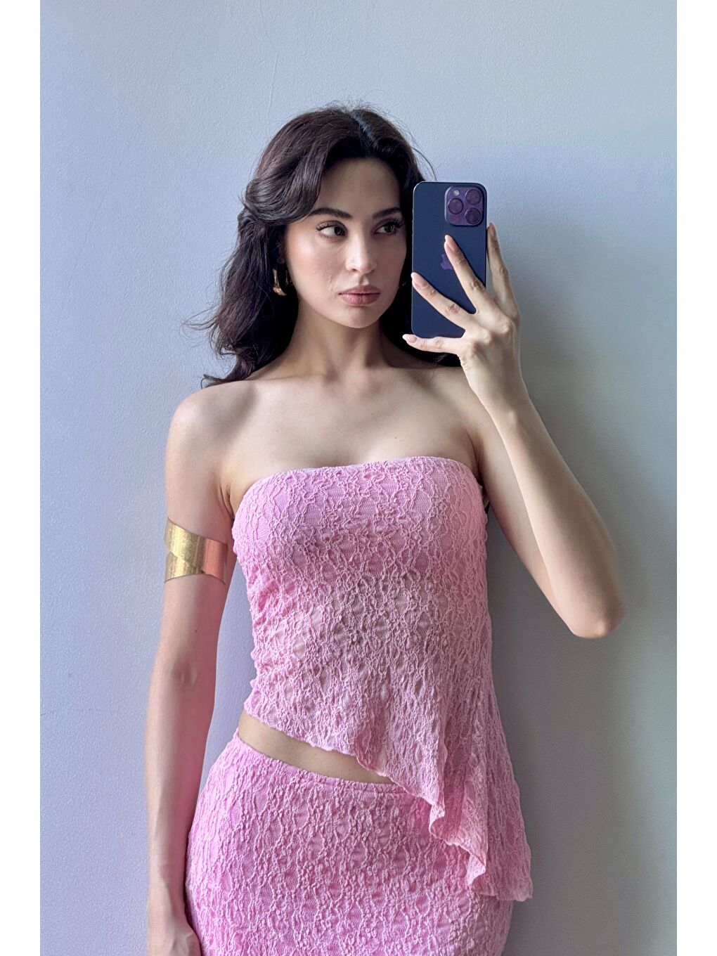 Kadın Pembe Dantel Crop Etek Takım 1026-221725-6