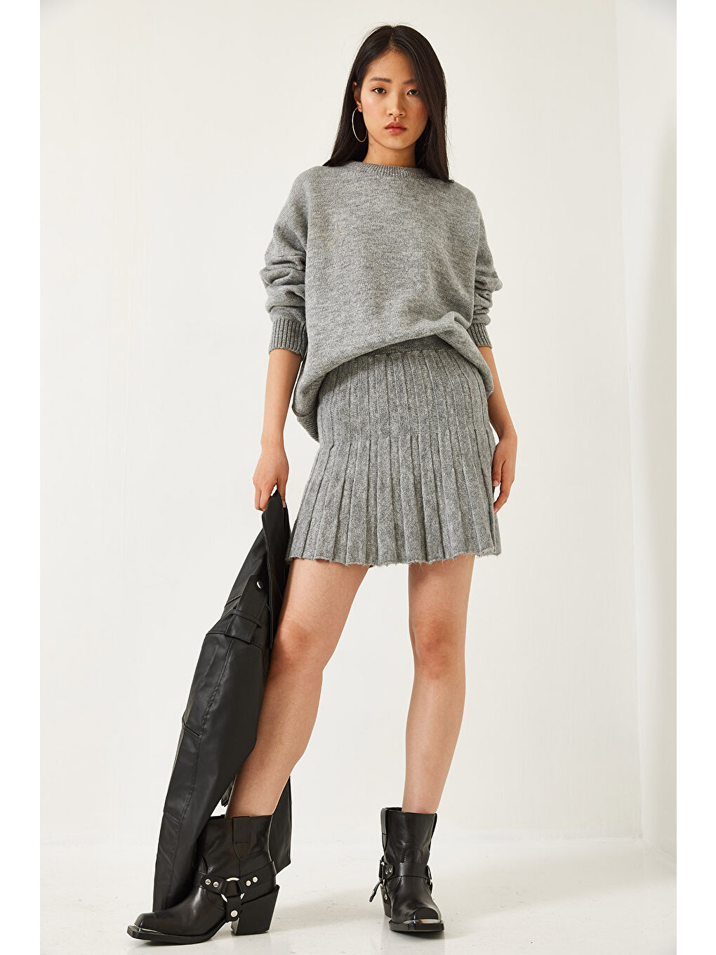 Gri Kadın Etekli Triko Alt Üst Takım-2