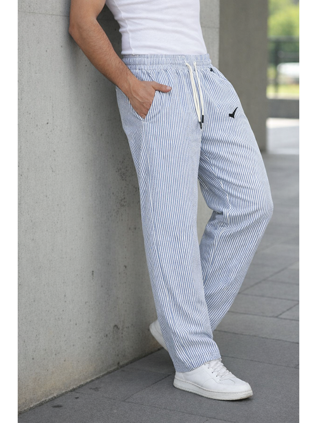 Erkek Trend Lastikli Çizgili Bol Mavi Eşofman Altı-2