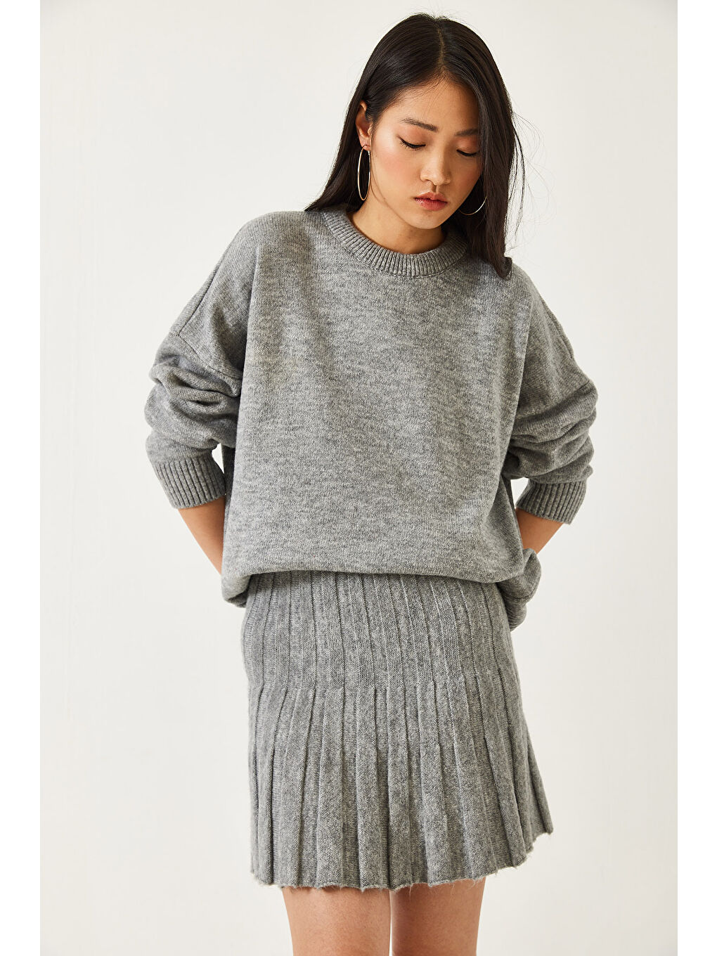 Gri Kadın Etekli Triko Alt Üst Takım-3