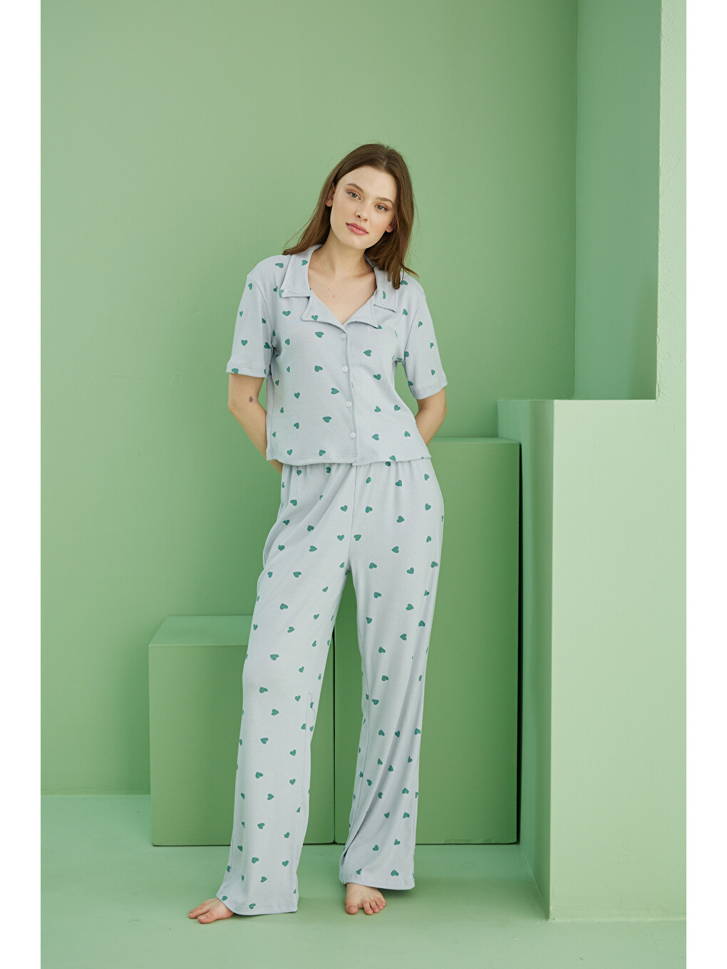Mavi Kalp Baskılı Fitilli Kaşkorse Örme Düğmeli Gömlek Yaka Pijama Takım-2