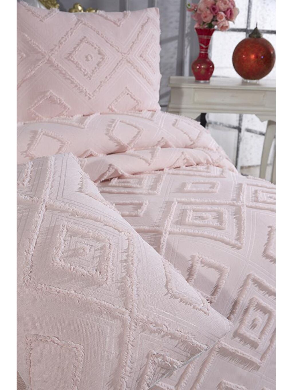 Pembe Samira 3 Parça Çift Kişilik Pike Takımı Pudra-7