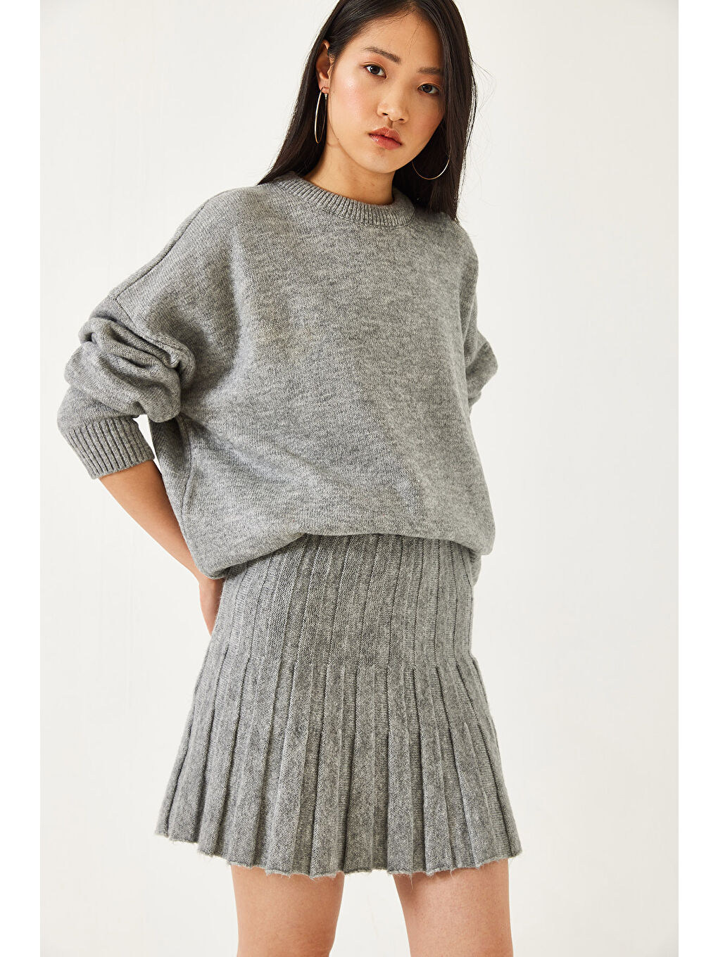 Gri Kadın Etekli Triko Alt Üst Takım-4