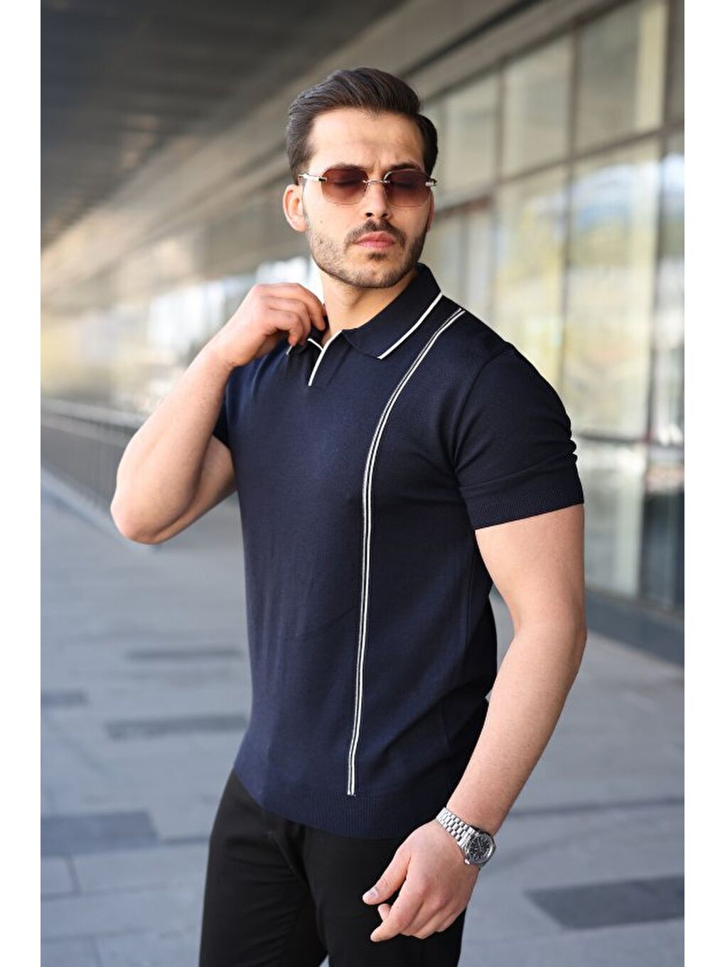 Lacivert Erkek Çizgi Detaylı Polo Yaka Triko Tişört-1