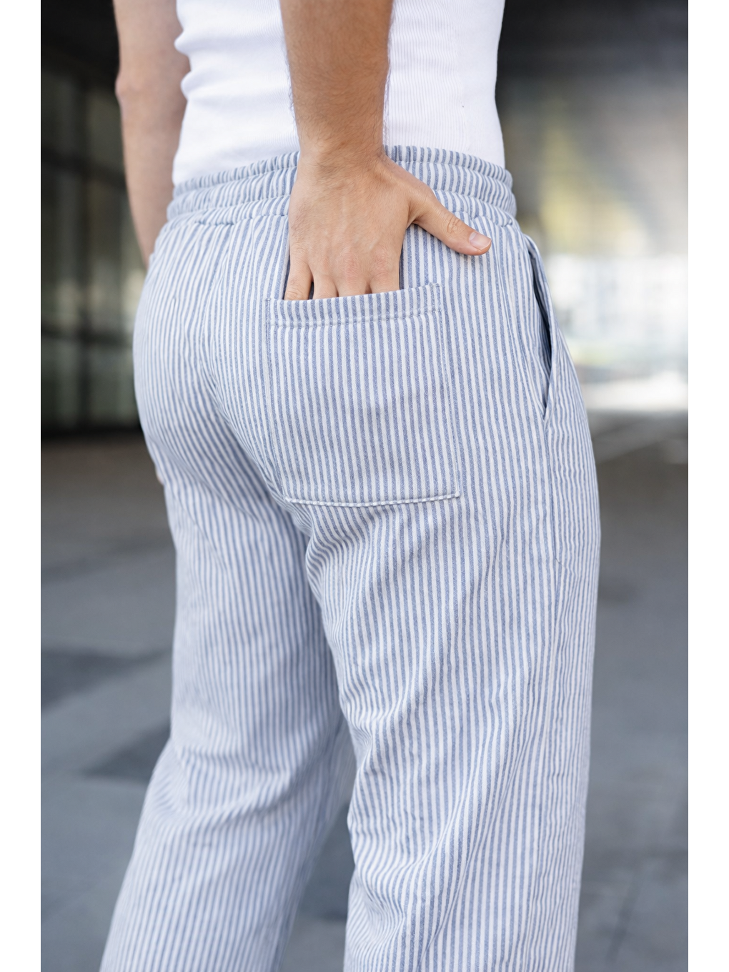 Erkek Trend Lastikli Çizgili Bol Mavi Eşofman Altı-3
