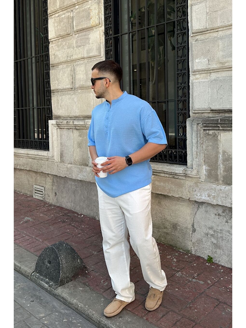 Mavi Soro Erkek Oversize Keten Görünümlü Kısa Kol Hakim Yaka Yarım Pat Gömlek-6