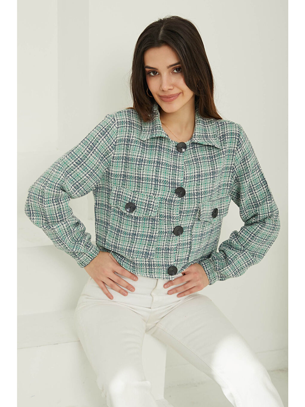 Yeşil Kadın Gömlek Yaka Düğmeli Şanel Ceket Yesil - 13361-3