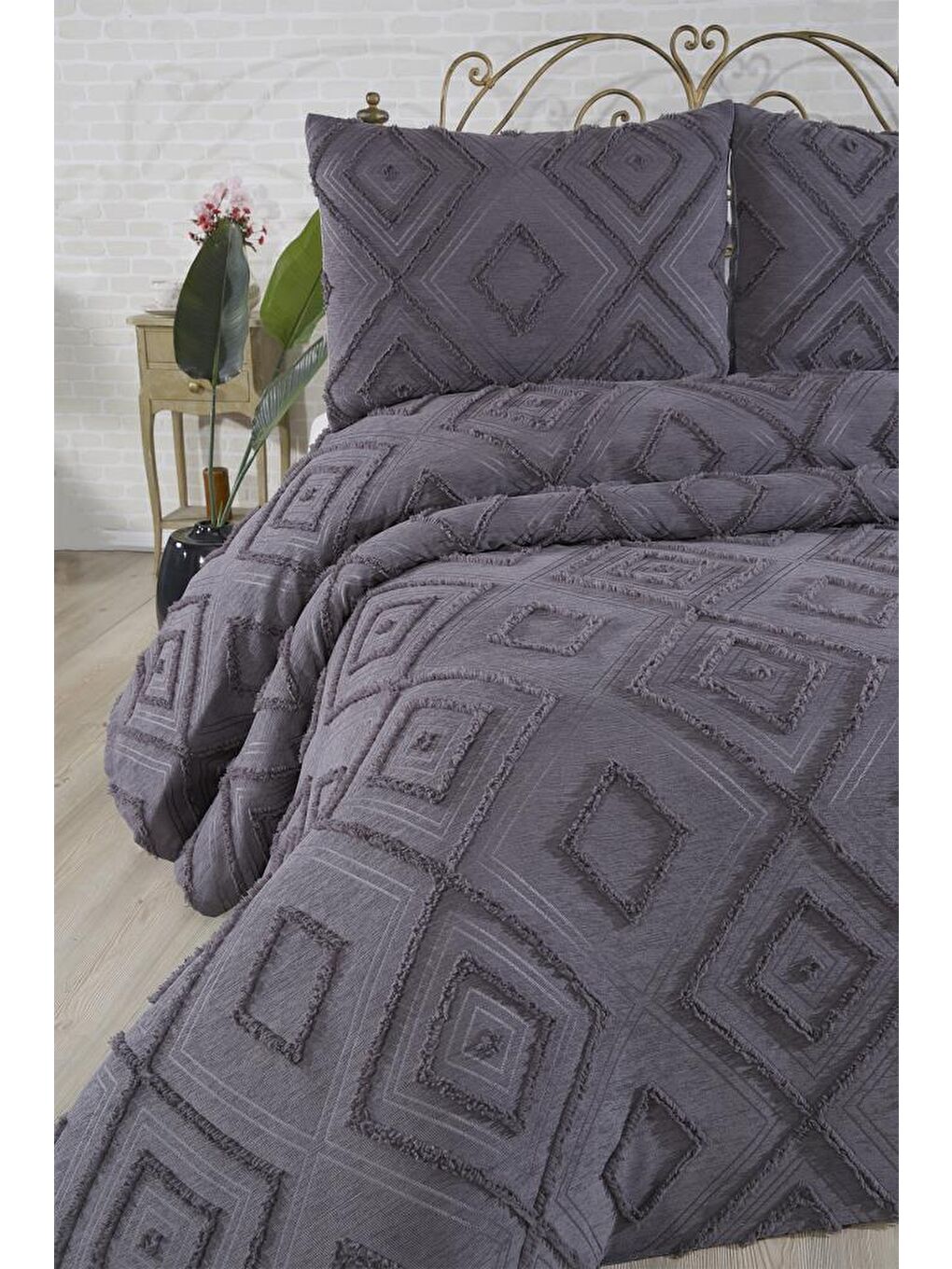 Samira 3 Parça Çift Kişilik Pike Takımı Antrasit-2