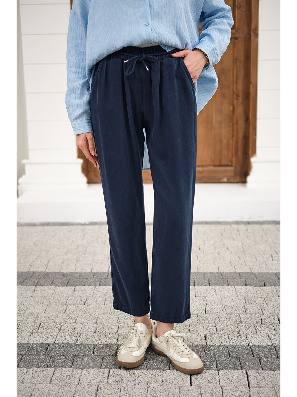 Kadın İp Kemerli Bol Paça Pike Pantolon Lacivert-1