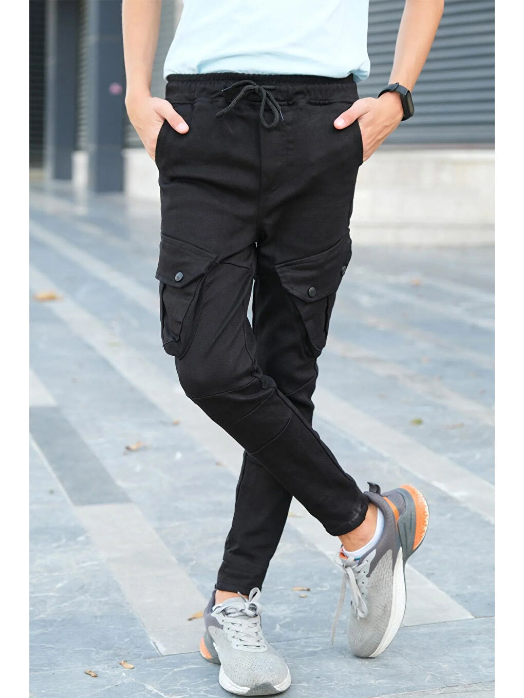 Siyah Erkek Çocuk Kargo Cepli Kanvas Pantolon PNT5131Y-1