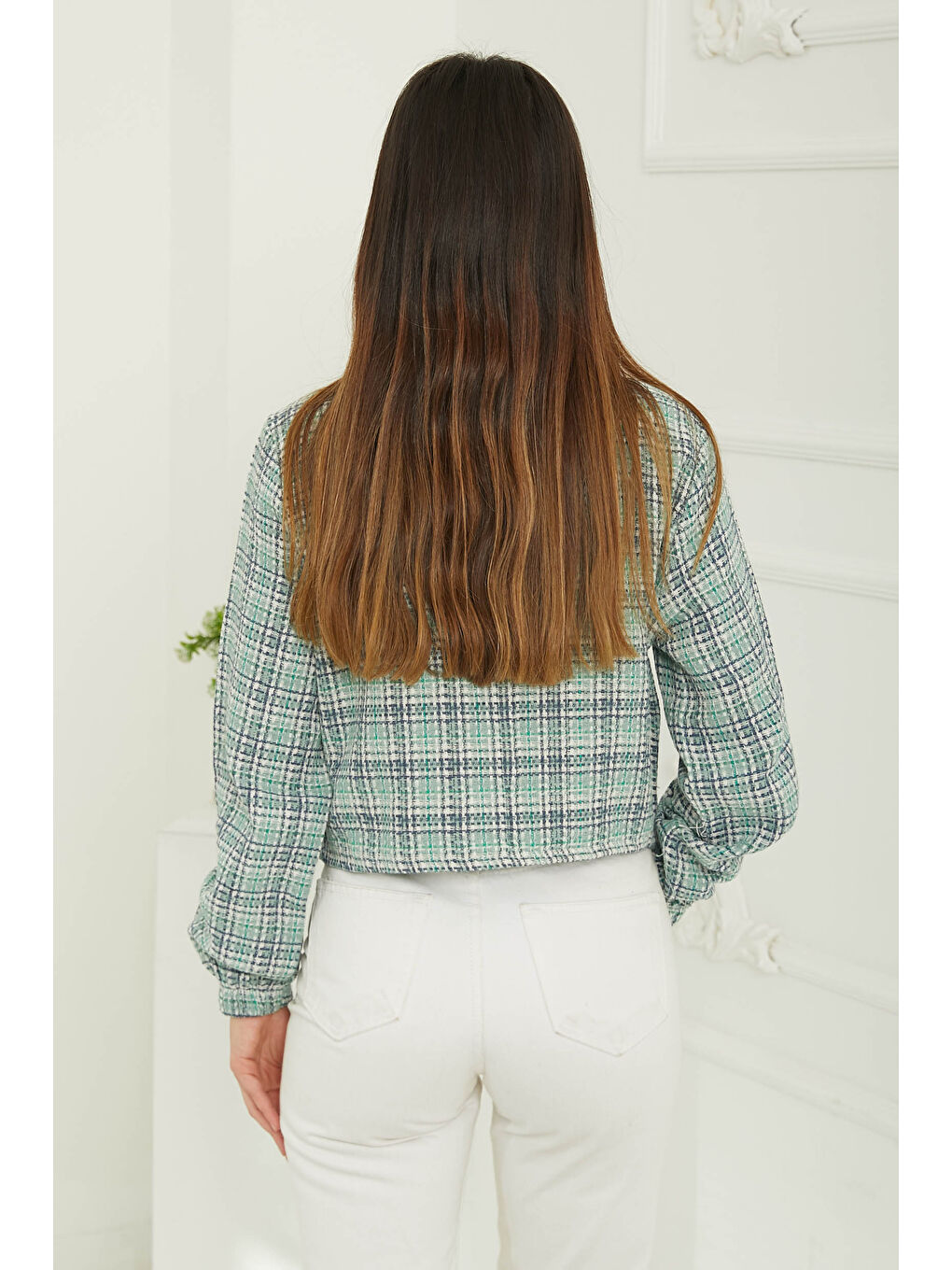 Yeşil Kadın Gömlek Yaka Düğmeli Şanel Ceket Yesil - 13361-5