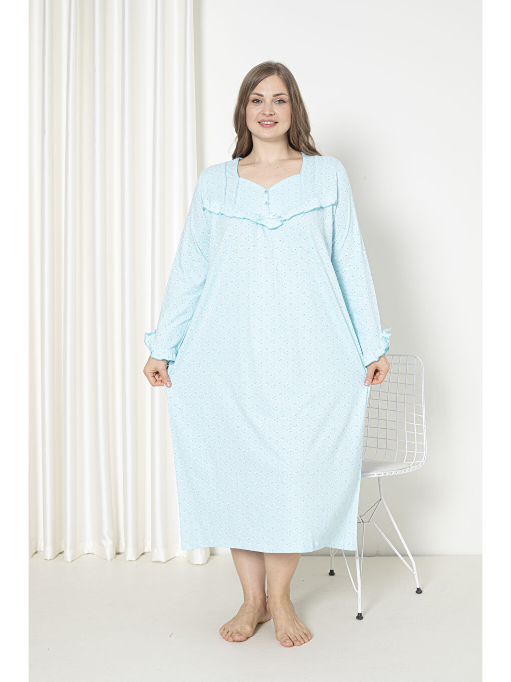 Yeşil %100 Pamuklu Mevsimlik Uzun Kol Penye Büyük Beden Anne Gecelik 180