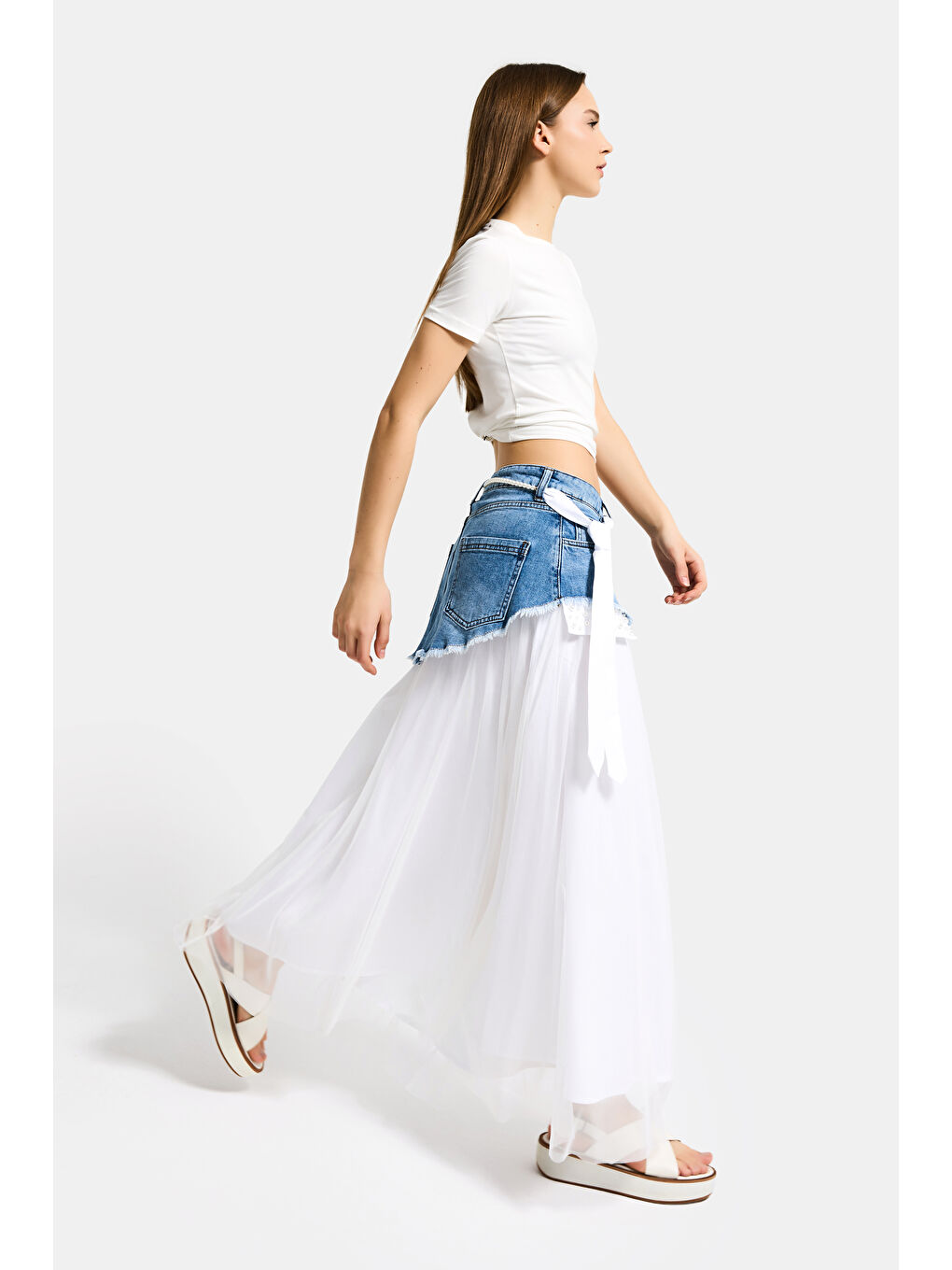 Kadın Beyaz Jean Rengi Maxi Boy Kravat Detaylı Özel Tasarım Etek-6