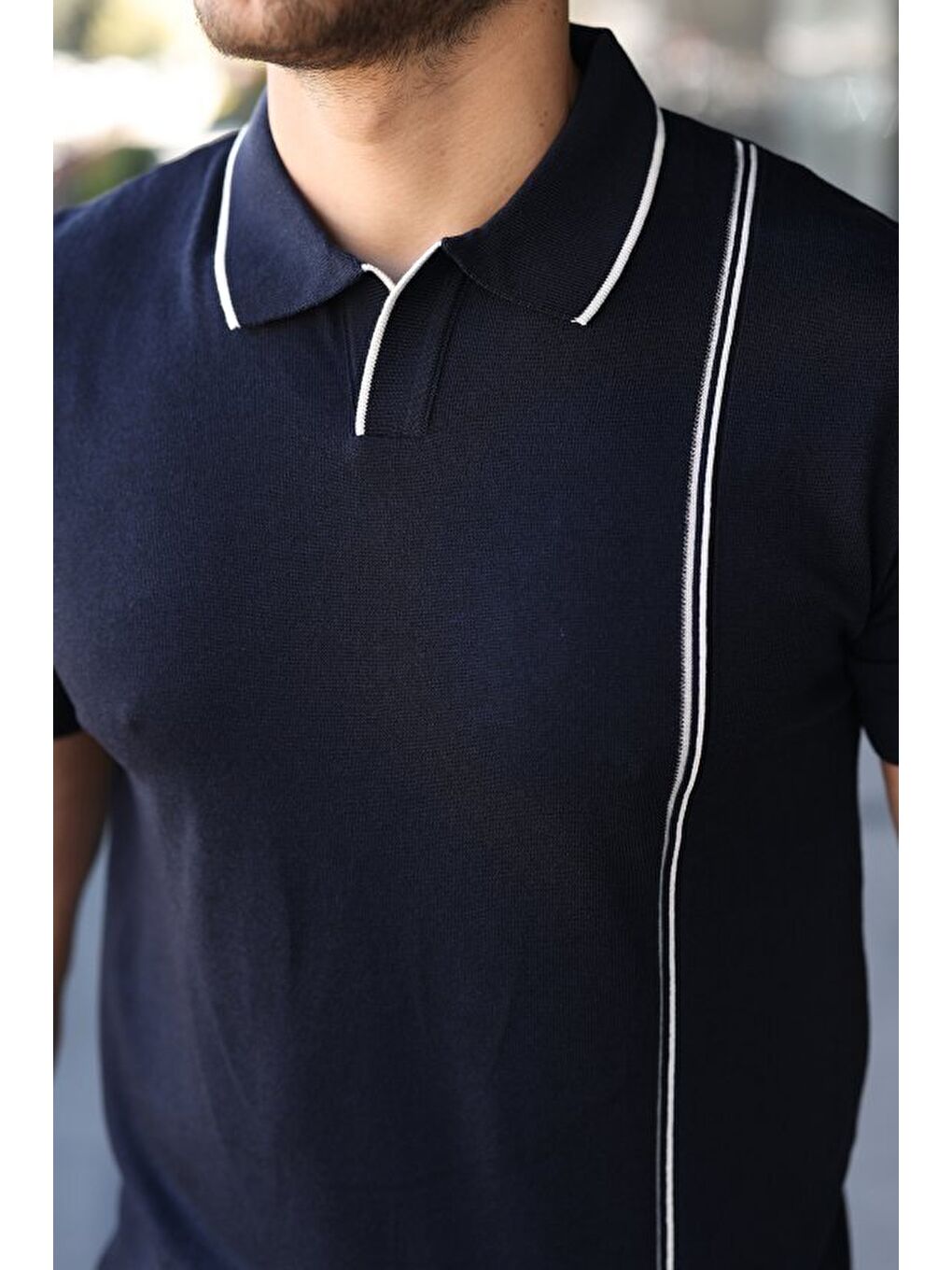 Lacivert Erkek Çizgi Detaylı Polo Yaka Triko Tişört-2