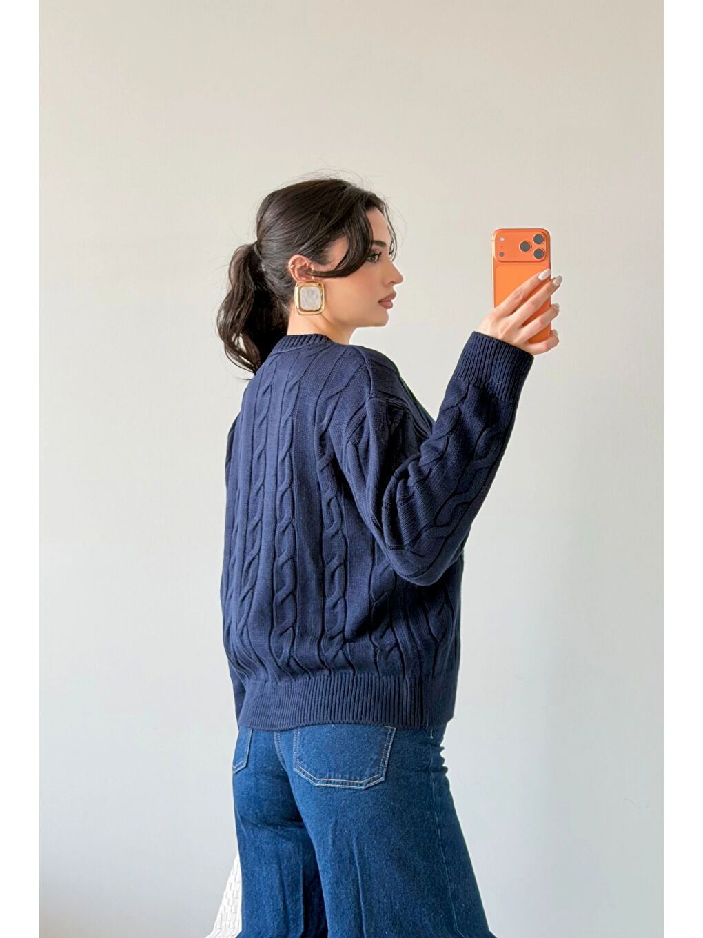 Kadın Lacivert Saç Örgü Triko Kazak 1014-2573-1