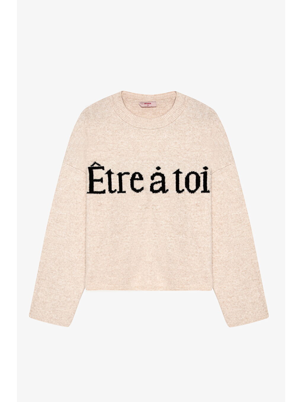 Yazı Desenli Bisiklet Yaka Triko Kazak Ekru-1