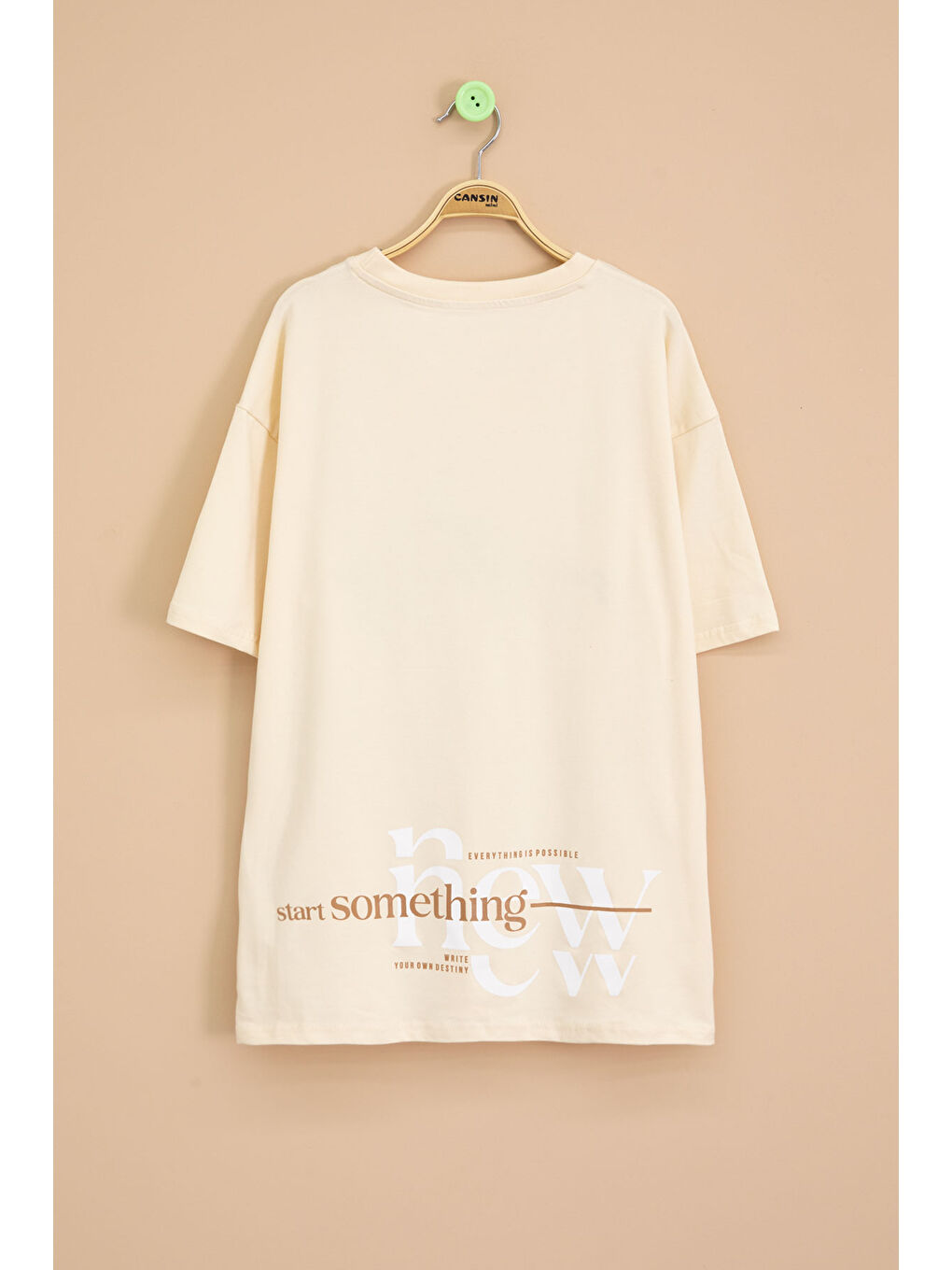 Ekru Krem Yazı Nakışlı Sırtı Baskılı Erkek Çocuk Bisiklet Yaka Tişört 20898-2