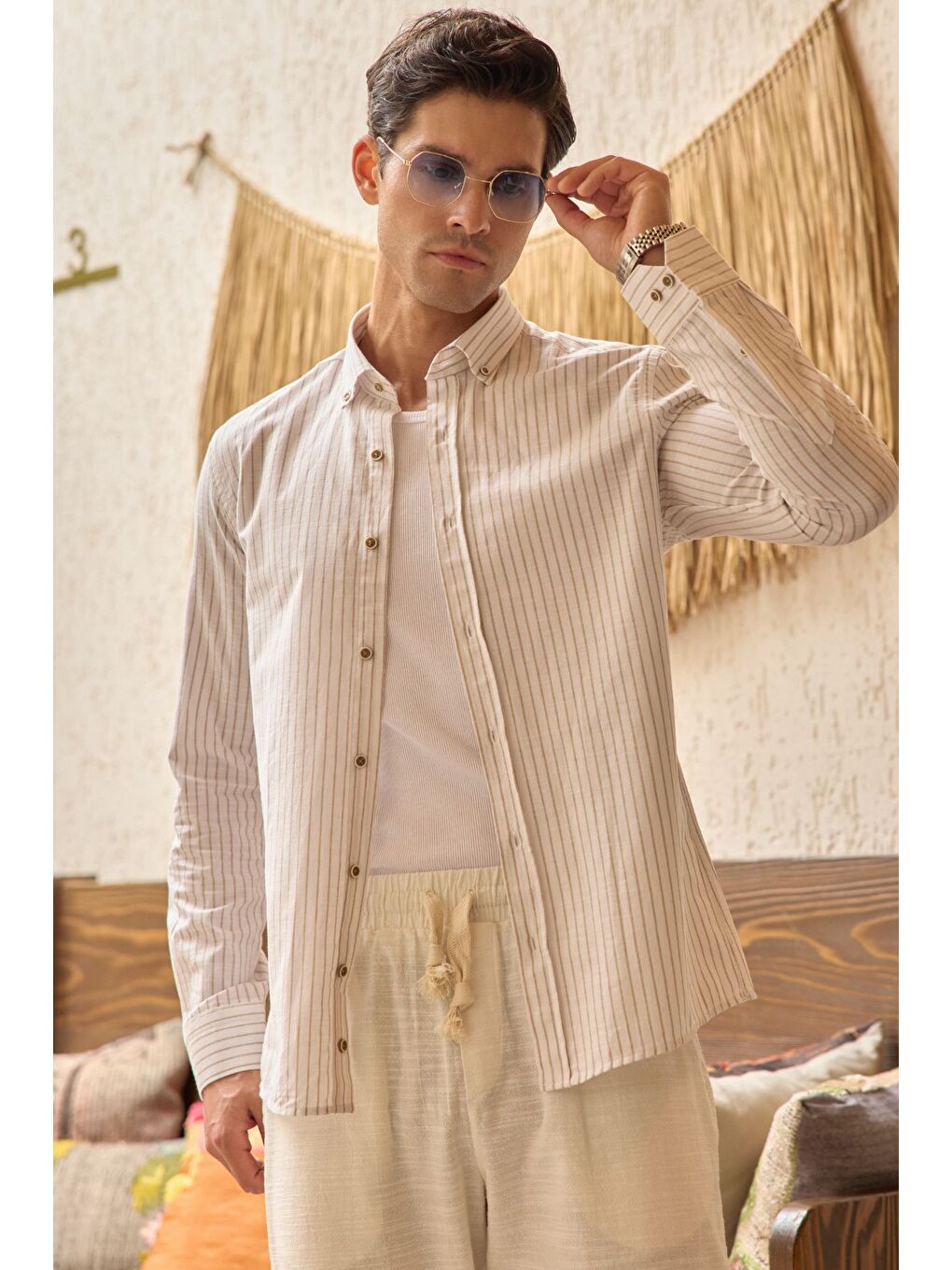 Bej Onan Erkek Klasik Gömlek Modern Slim Fit Keten Görünümlü İnce Çizgili Desen-6