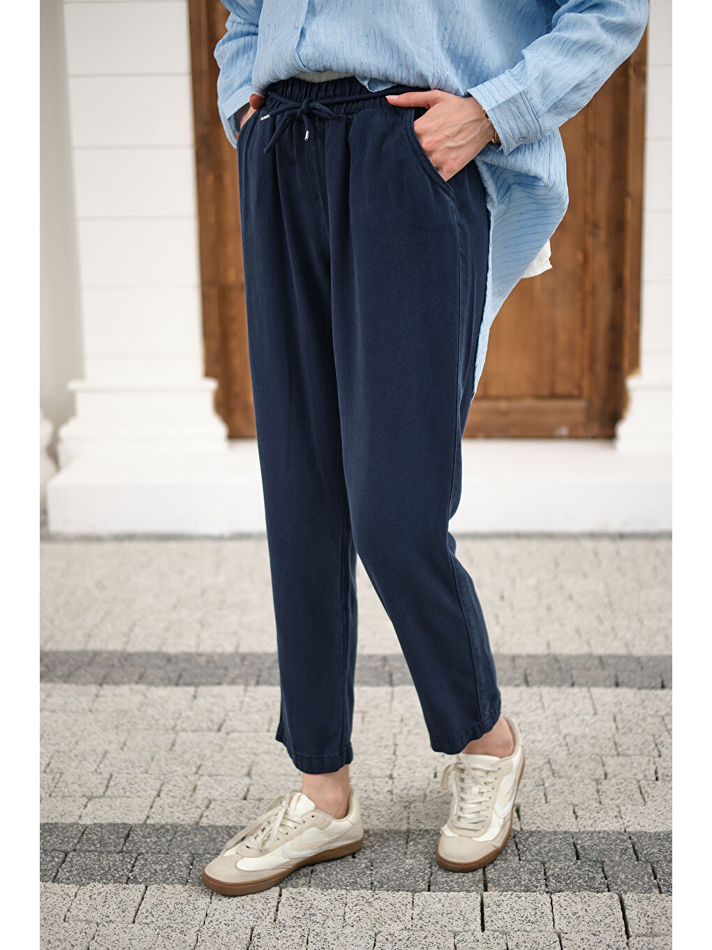 Kadın İp Kemerli Bol Paça Pike Pantolon Lacivert-2