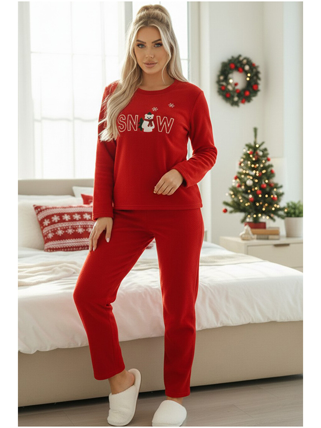 Kırmızı Nakışlı Polar Kışlık Örme Pijama Takım-1