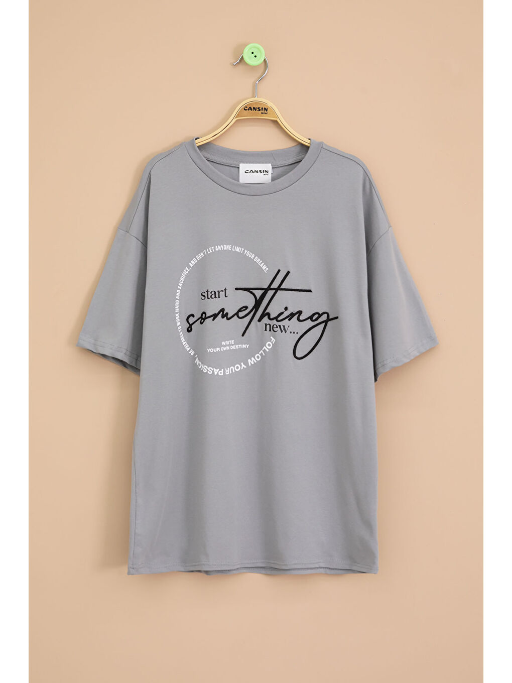 Gri Füme Yazı Nakışlı Sırtı Baskılı Erkek Çocuk Bisiklet Yaka Tişört 20896