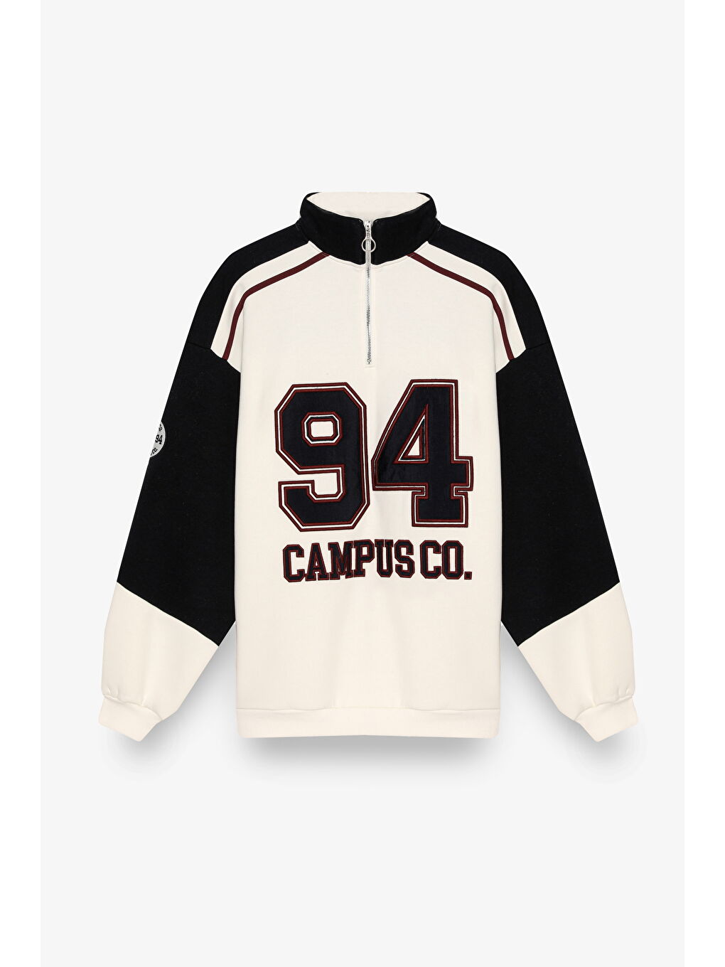 Dik Yaka Fermuarlı Renk Bloklu Oversize Sweatshirt Ekru