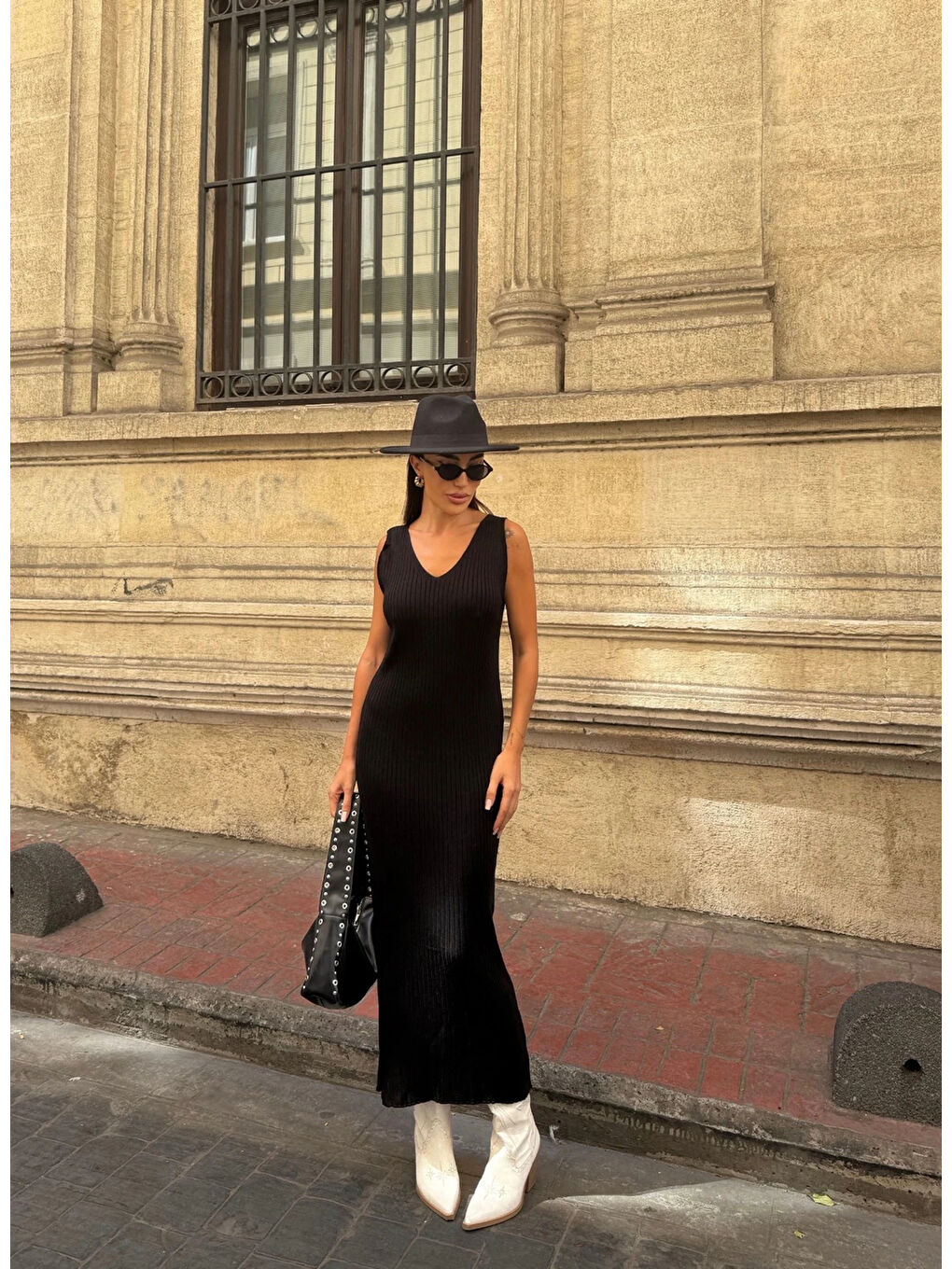 Ekose Desenli Kazak ve Elbise Triko Takım Siyah-1