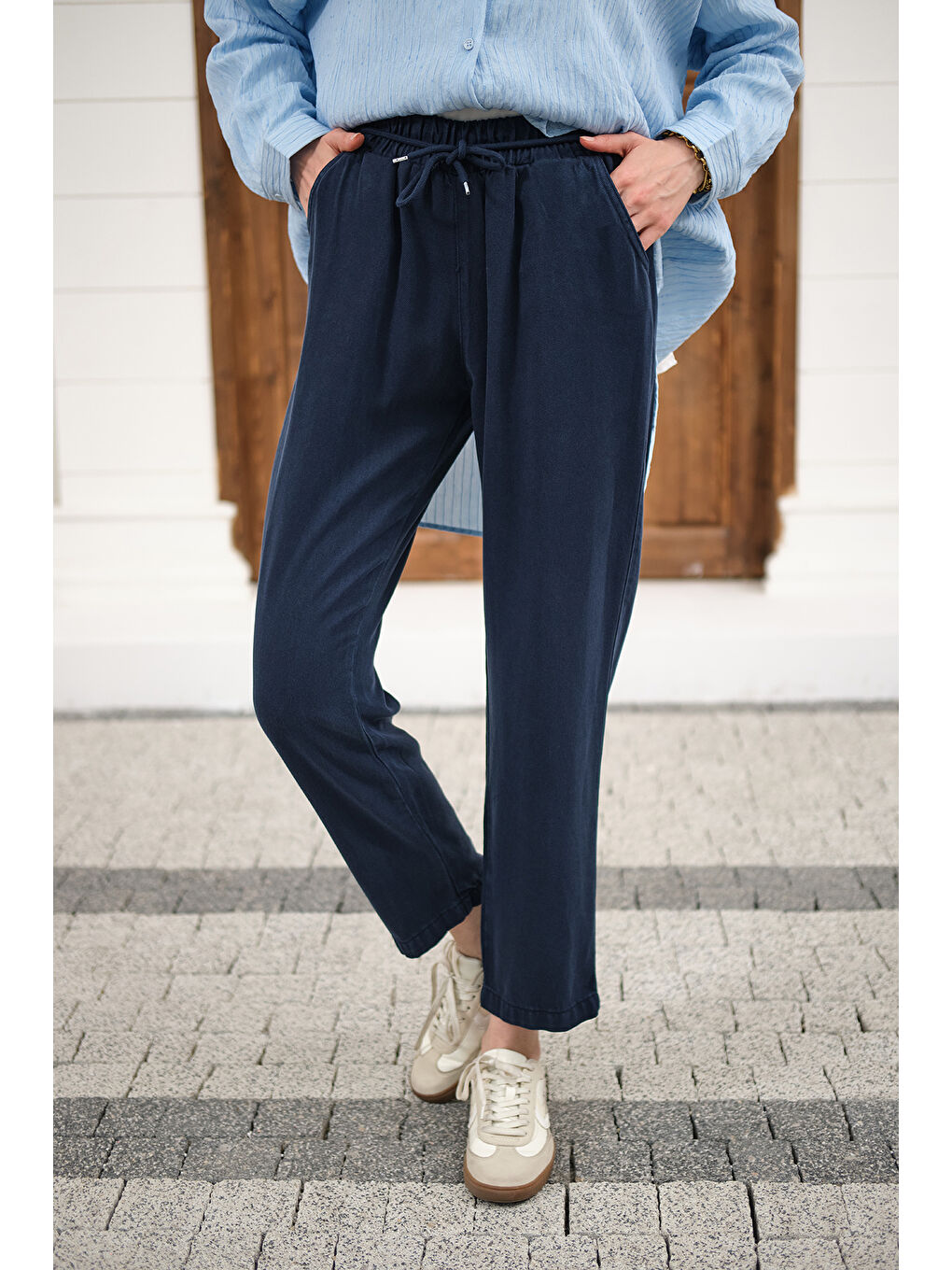 Kadın İp Kemerli Bol Paça Pike Pantolon Lacivert-3