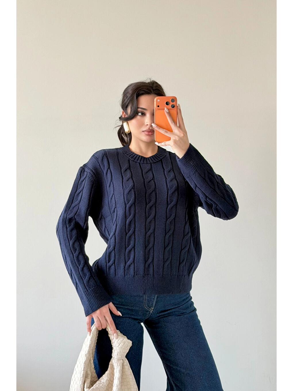 Kadın Lacivert Saç Örgü Triko Kazak 1014-2573-2