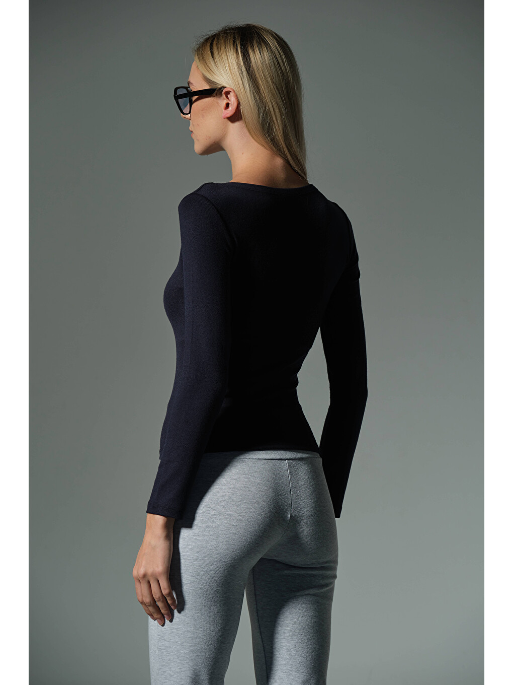 Lacivert Örme Soft Touch Premium Kayık Yaka Uzun Kol Bluz @Sayat-3