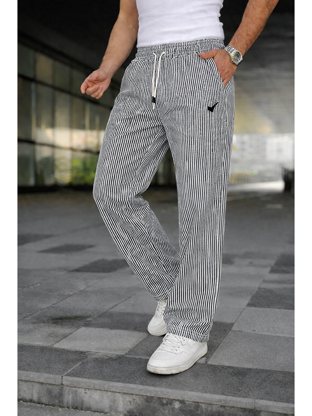 Gri Erkek Trend Lastikli Çizgili Bol Füme Eşofman Altı-3