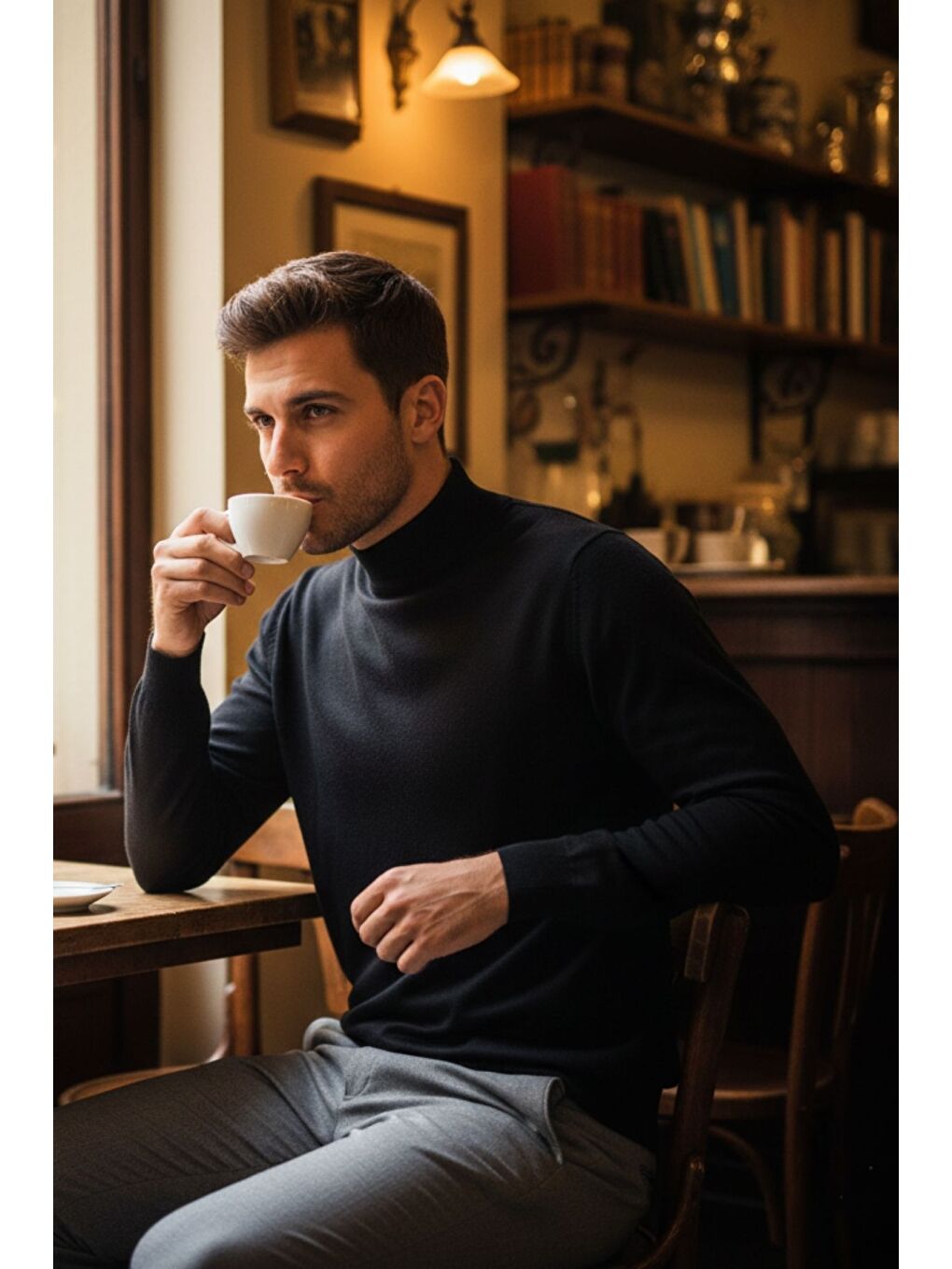 Siyah Lier Yarım Boğazlı Regular Fit Erkek Kazak Düz Triko