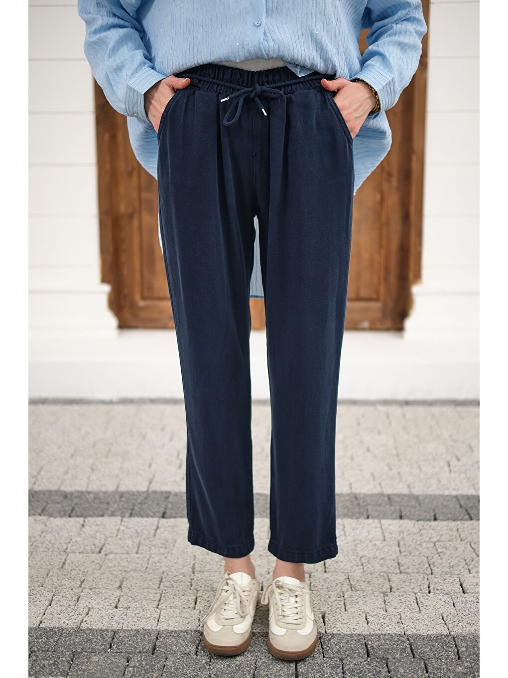 Kadın İp Kemerli Bol Paça Pike Pantolon Lacivert-4