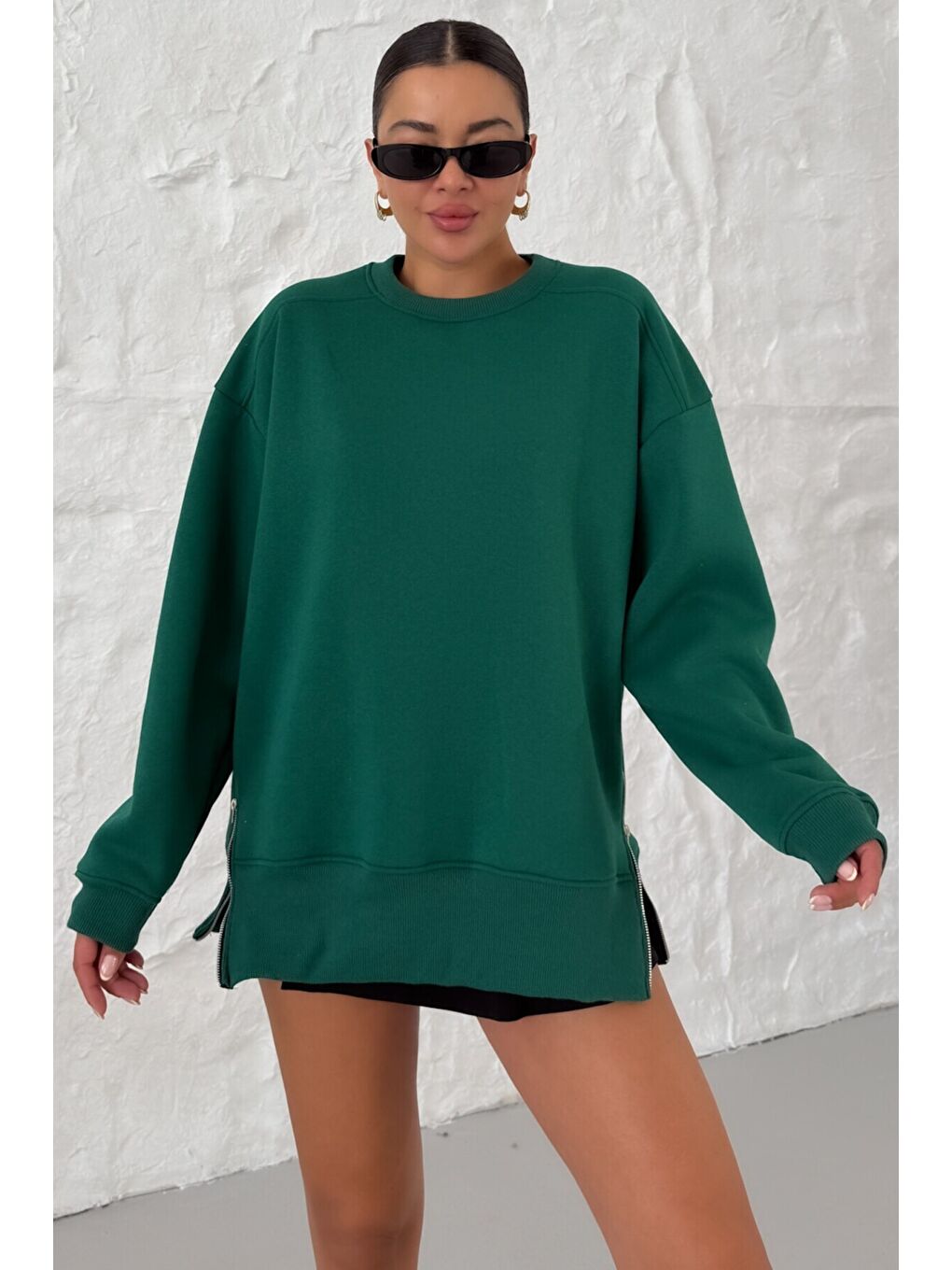 Kadın Nefti Yeşil Bisiklet Yakalı Yanı Yarım Fermuar Detaylı Sweatshirt