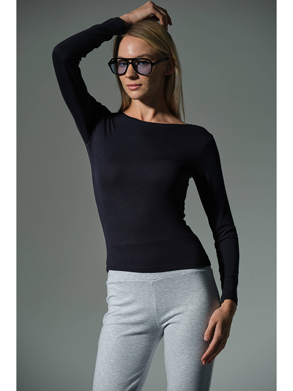 Lacivert Örme Soft Touch Premium Kayık Yaka Uzun Kol Bluz @Sayat-6