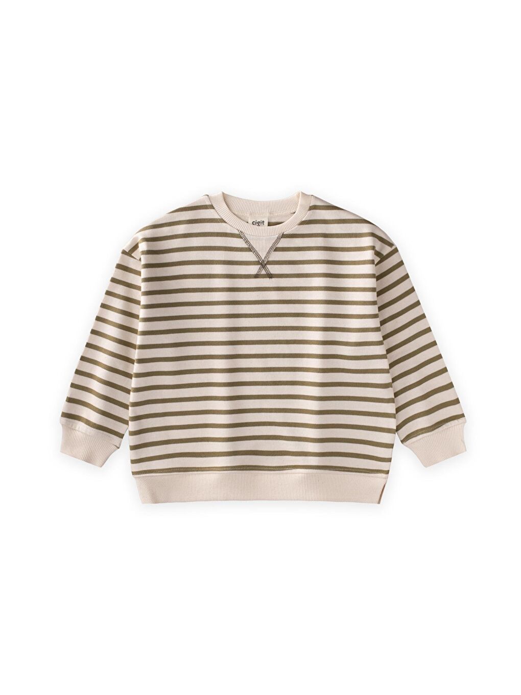 Yeşil Çizgili Karyoka Detaylı Mevsimlik Sweatshirt 2-12 Yaş Olive