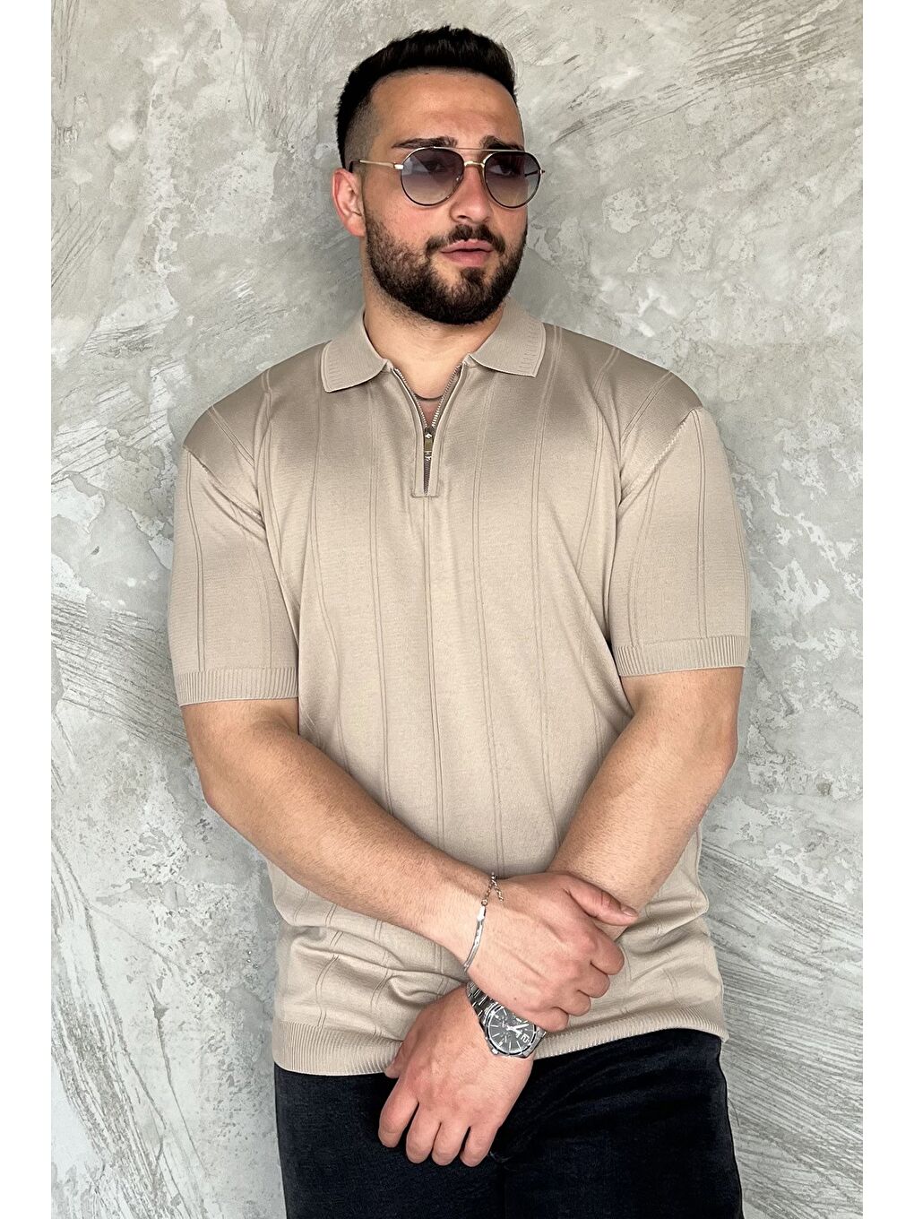 Bej Erkek Bisiklet Yaka Yarım Fermuarlı Triko Tişört-1