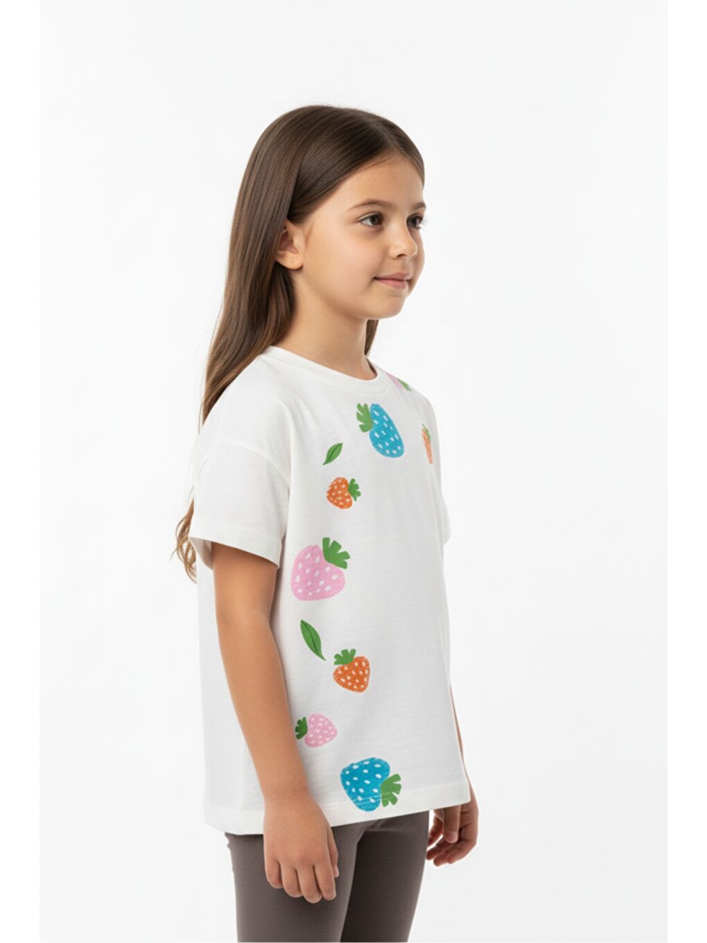 Ekru Kız Çocuk Bisiklet Yaka Düşük Omuz Kısa Kollu Baskılı Tişört 25005-1