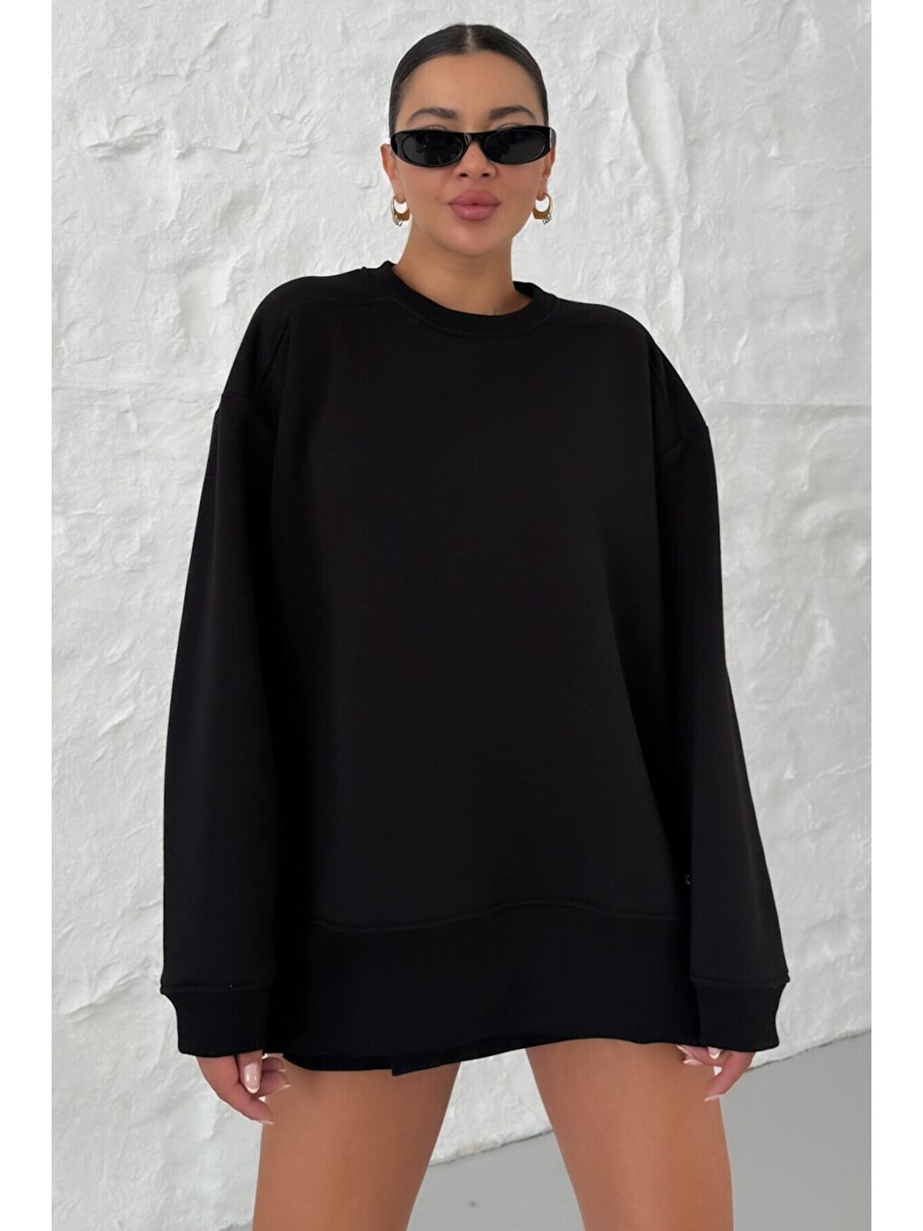 Kadın Siyah Bisiklet Yakalı Yanı Yarım Fermuar Detaylı Sweatshirt-1