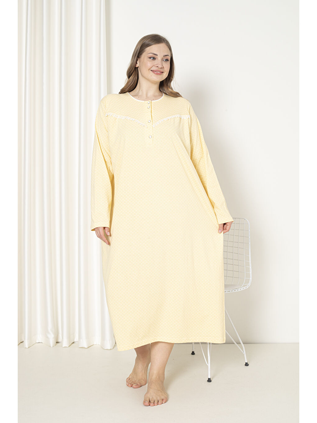 Sarı %100 Pamuklu Penye Uzun Kol Büyük Beden Anne Geceliği 052-1