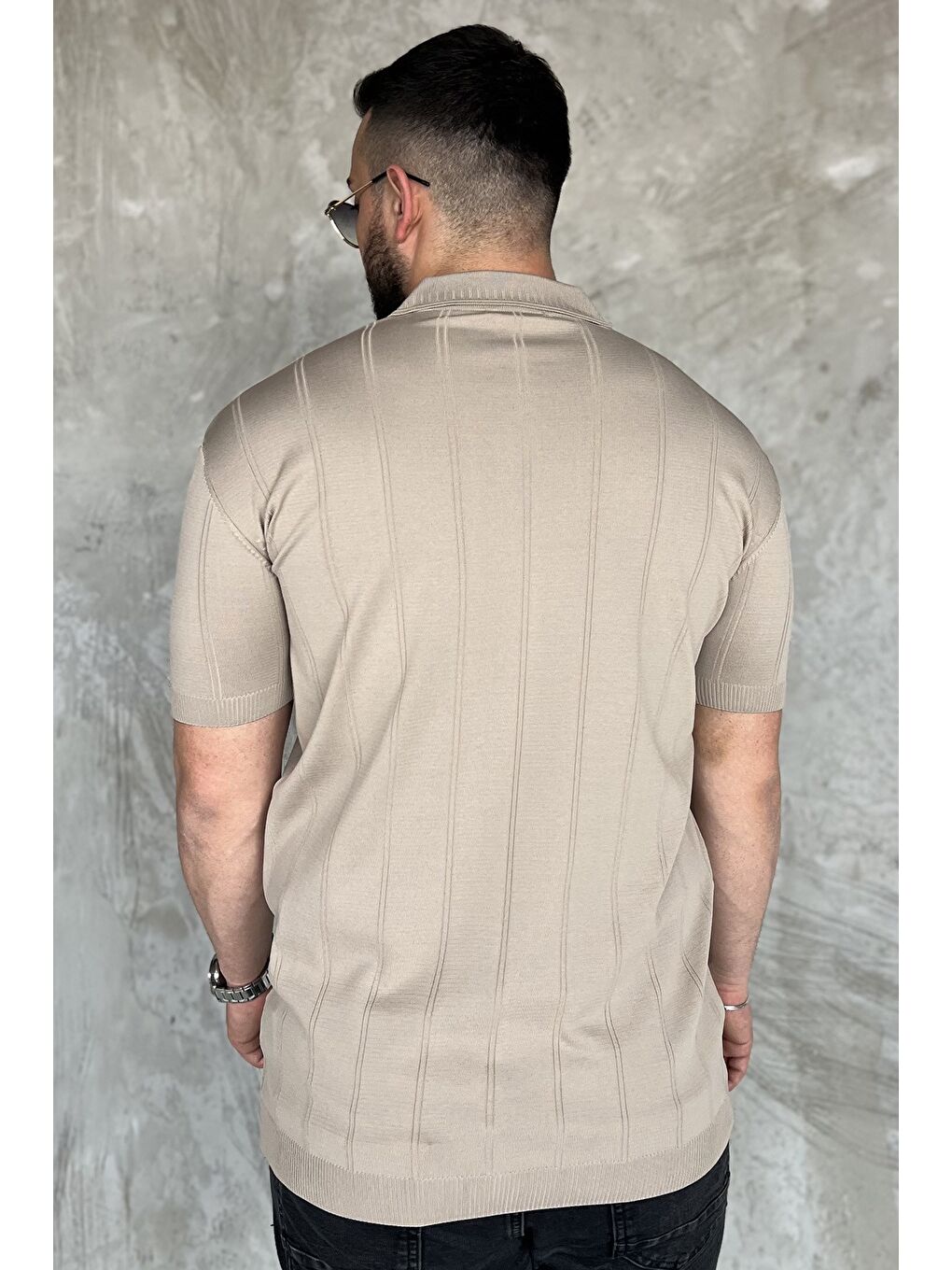 Bej Erkek Bisiklet Yaka Yarım Fermuarlı Triko Tişört-2