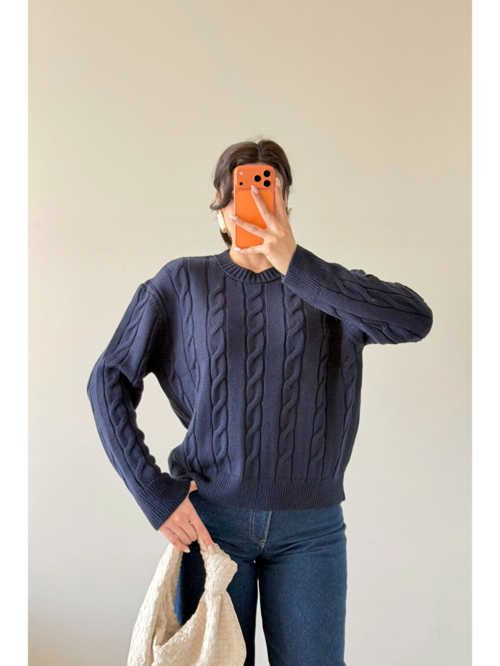 Kadın Lacivert Saç Örgü Triko Kazak 1014-2573-4