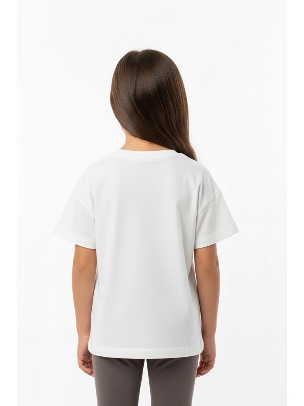 Ekru Kız Çocuk Bisiklet Yaka Düşük Omuz Kısa Kollu Baskılı Tişört 25005-3