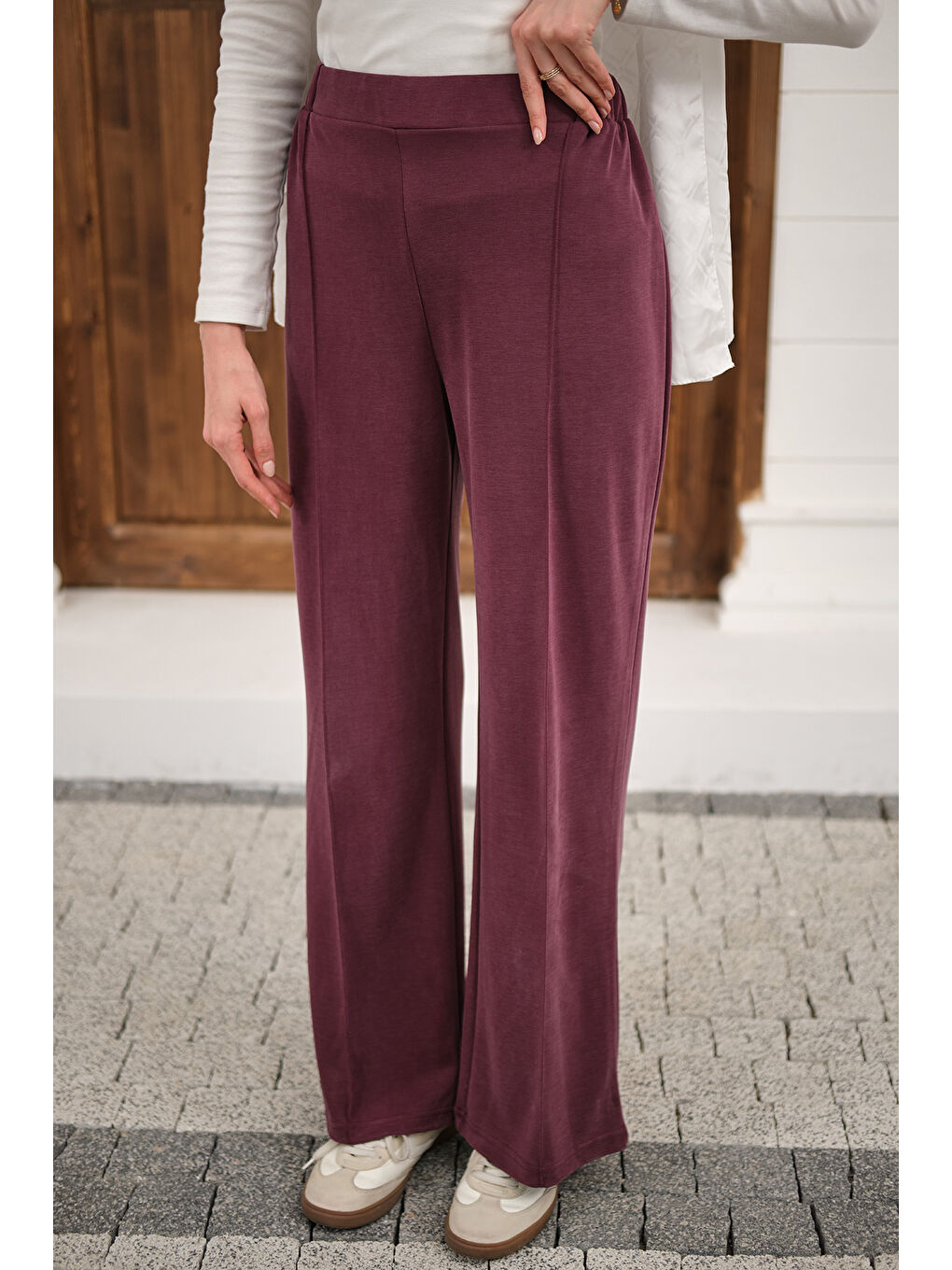 Kadın Önü Çima Detaylı Lastikli Pantolon Mürdüm-1