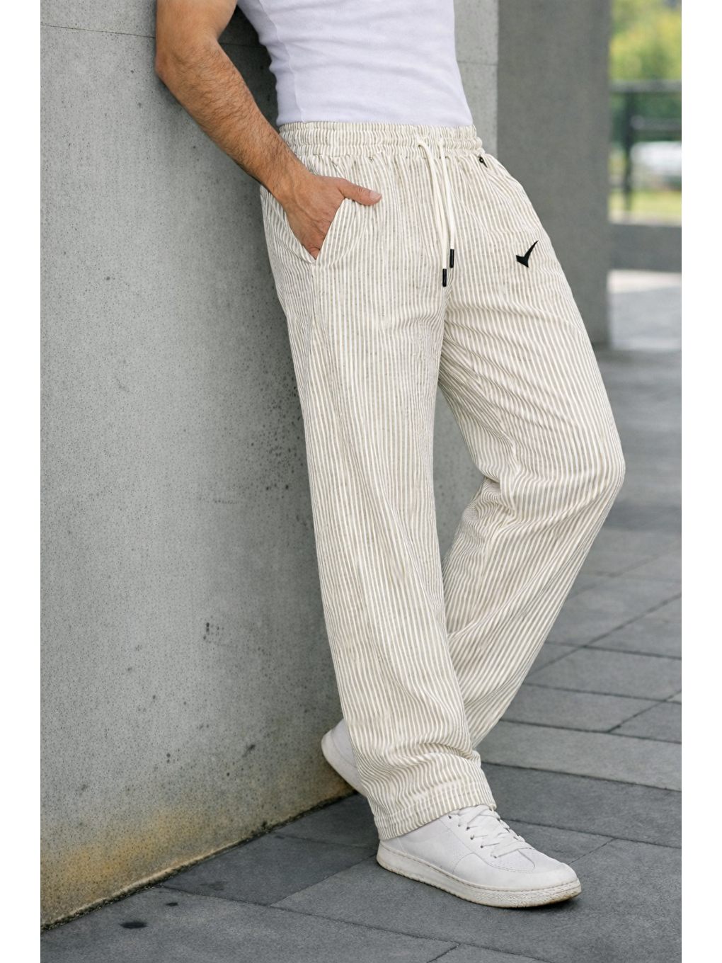 Ekru Erkek Trend Lastikli Çizgili Bol Krem Eşofman Altı-2
