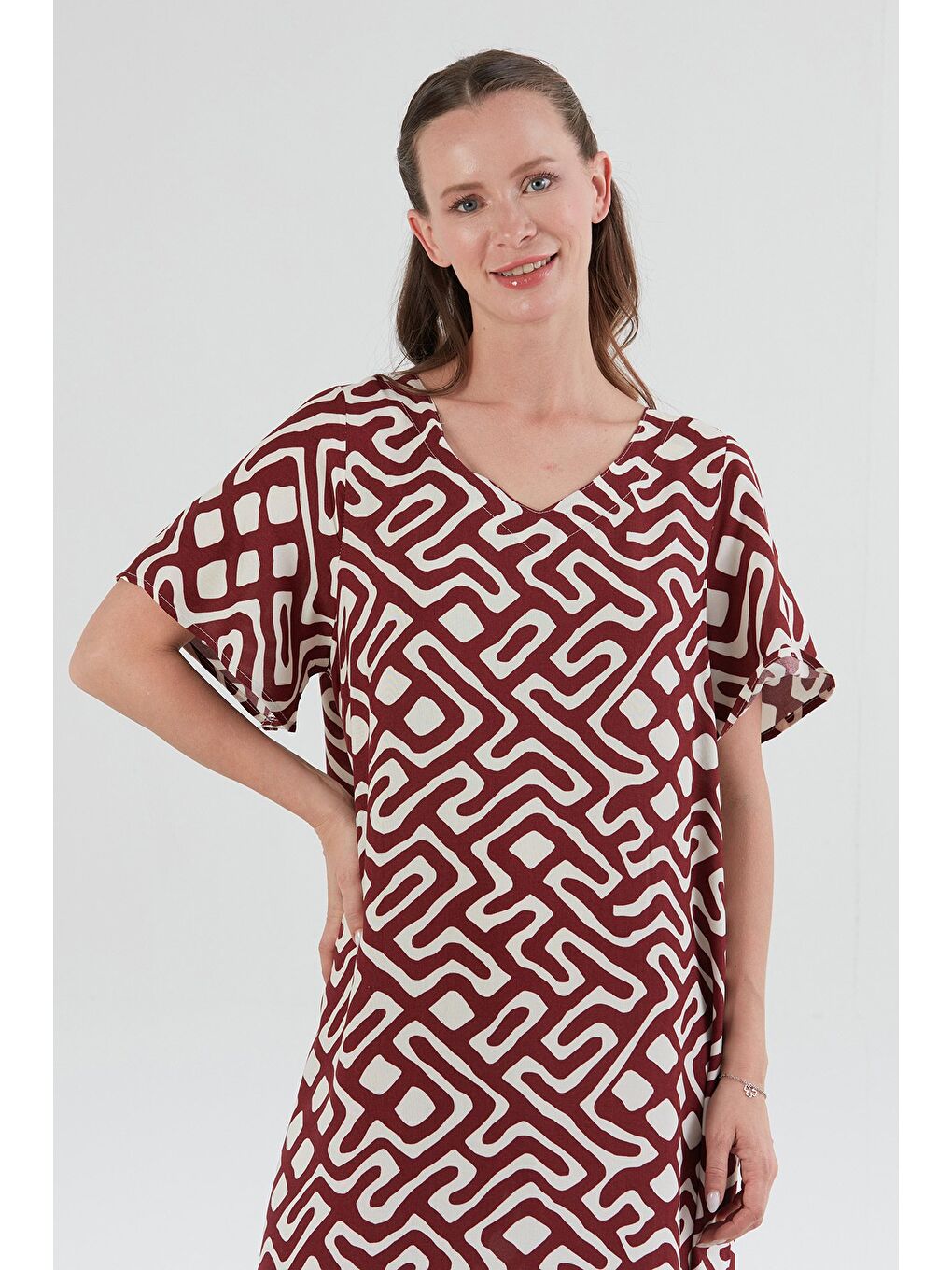 Bordo Desenli V Yaka Salaş Elbise-1