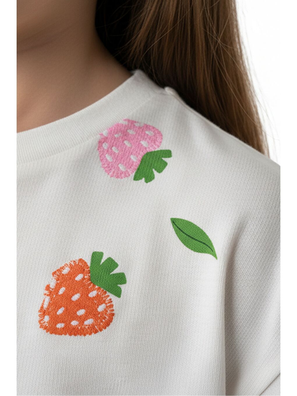 Ekru Kız Çocuk Bisiklet Yaka Düşük Omuz Kısa Kollu Baskılı Tişört 25005-4